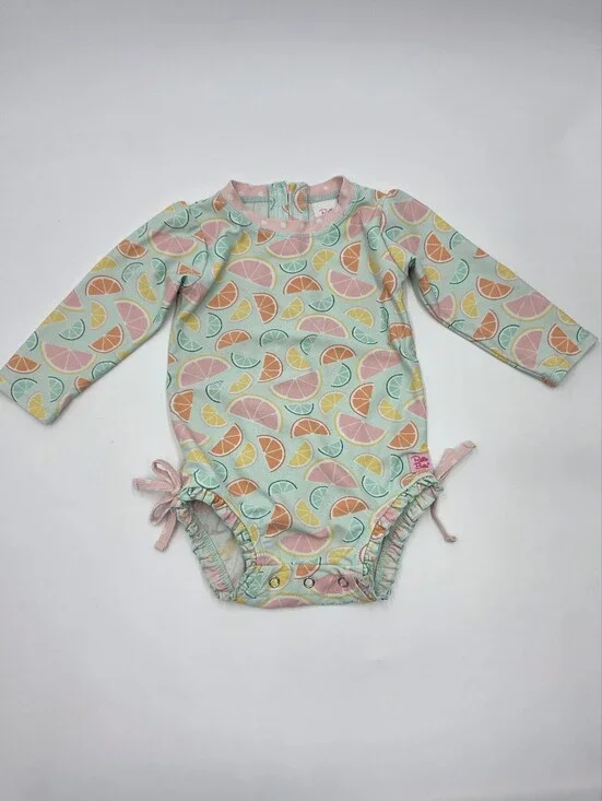 Ruffle Butts baby girl fruit print rashguard swimsuit size 12-18 months