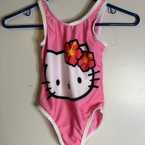 Hello Kitty‎ Sanrio Girls m 7/8 Pink One Piece Swimsuit Hibiscus UPF 50+NEW