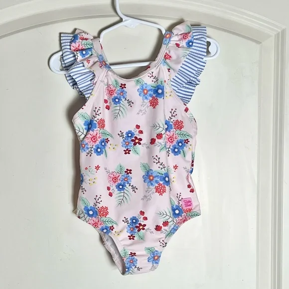 RuffleButts Baby Girl V-Back One Piece Swimsuit Coastal Breeze Floral & Stripes