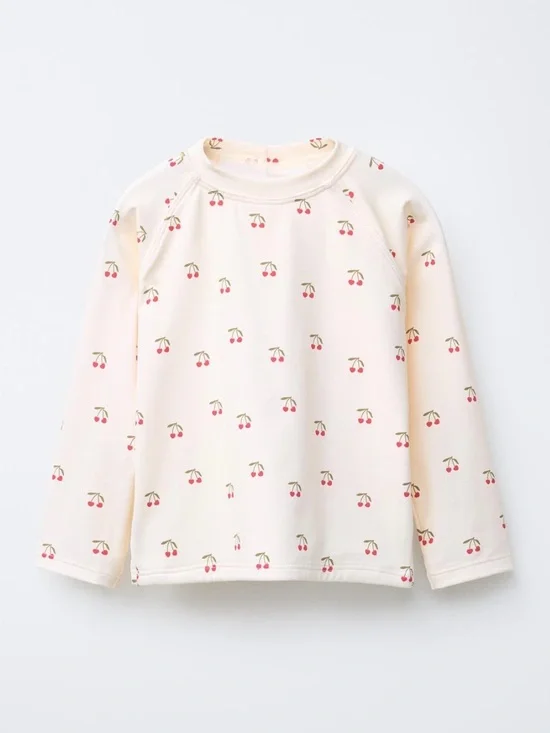 Zara Girls Long-Sleeve Rashguard Swim Top with Cherry Print, Ivory (Ecru) - 2Y