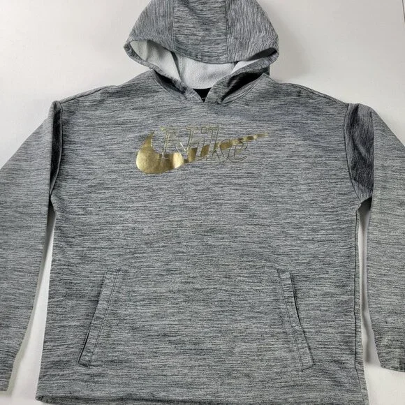 Nike Sweatshirt Hoodie Girls Sz L Gray Gold Logo Thumbholes Long Sleeve Pocket