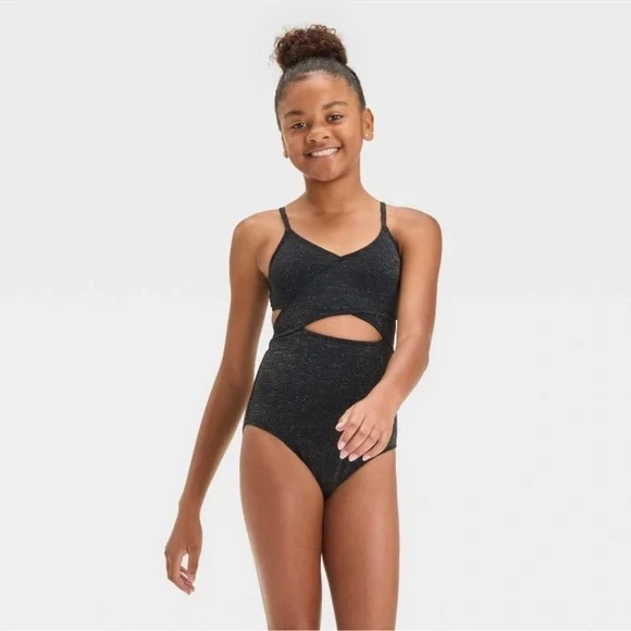 NWT Art & Class Girl One Piece Black Glitter Swimsuit M (8)