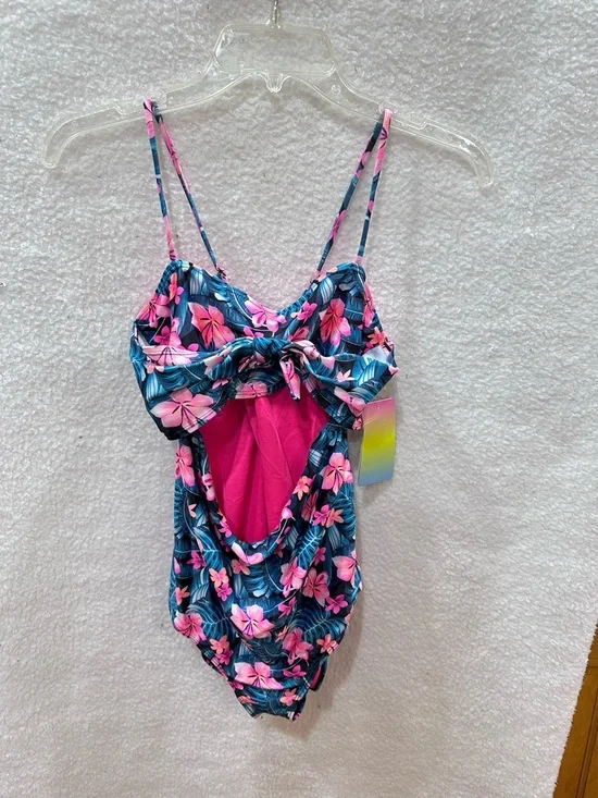 Hurley Girls Floral Pink & Blue One-Piece Swimsuit with Bow Detail