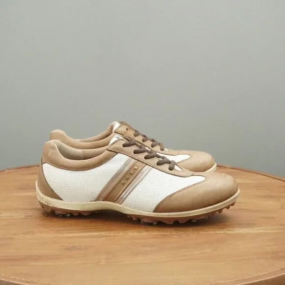 Ecco Womens Golf Shoes White Brown Leather Spiked Waterproof 39 EU / 8 US