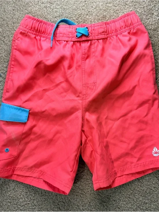 Kids Coral Swim Trunks with Turquoise Accents