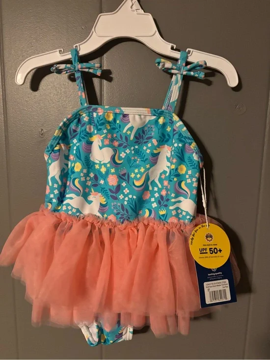 Ruffle Butts Teal Unicorn Tutu One-Piece Swimsuit with Coral Tulle