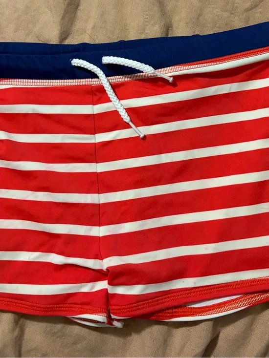 Mini Boden Red and White Striped Boys Swim Trunks with Navy Waistband