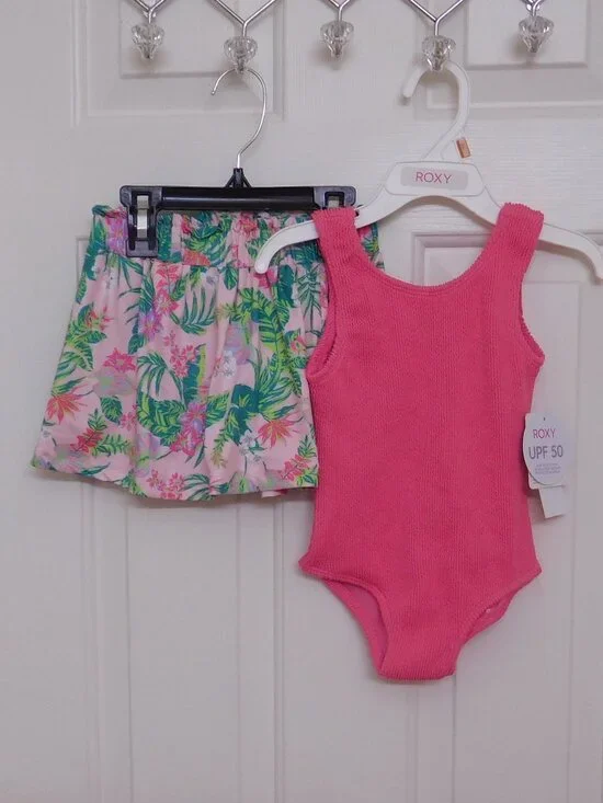 NWT Roxy 1pc Pink Swimsuit with Floral Skirt 2pc Set sz 3t