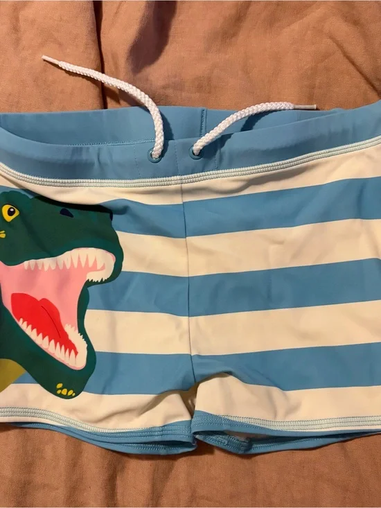 Mini Boden Blue and White Striped Dino Swim Trunks with Drawstring