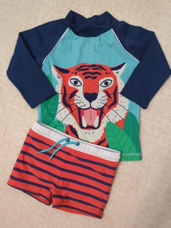 Boden Navy, Coral & Teal Tiger Rashguard Swim Set