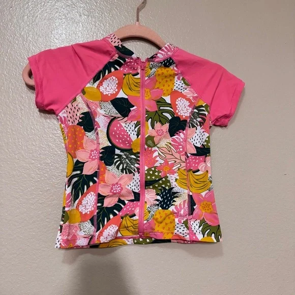 Garnet Hill Pink Tropical Zip-Front Rash Guard Tee