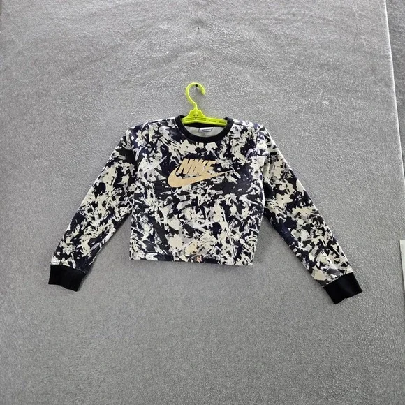 Nike Girl Sweatshirt L Blue Camouflage Cropped Fleece Swoosh‎ Logo Pullover