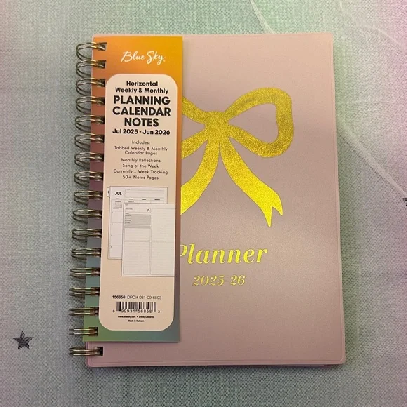 Blue Sky Pink Planner with Gold Bow Accent