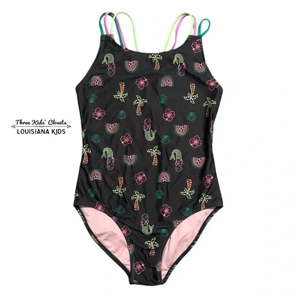 Cat & Jack XL (14/16) Black & Neon Print One Piece Swimsuit