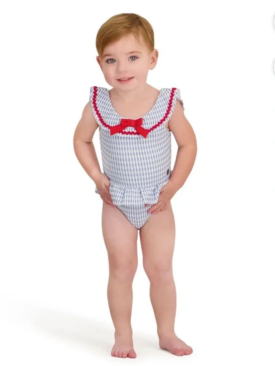 NWT Sperry Baby Girls Seersucker One Piece Swimsuit Blue White Gingham 6 Months