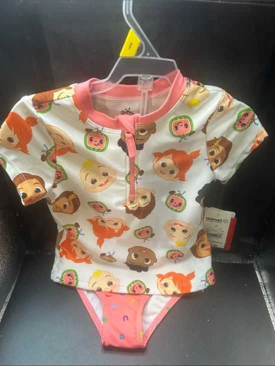 Kids Pink Character Print Rash Guard Bikini Set