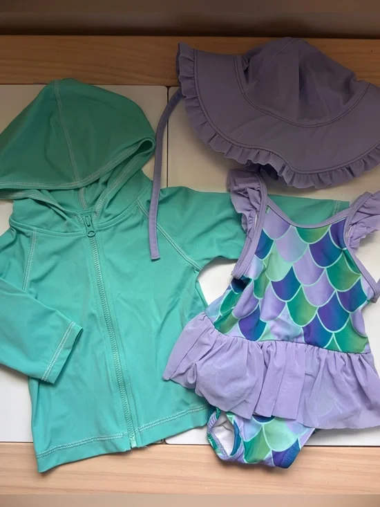Hanna Andersson Purple Mermaid Swimsuit Teal Rash Guard Sun Hat Set 6-12m 70cm
