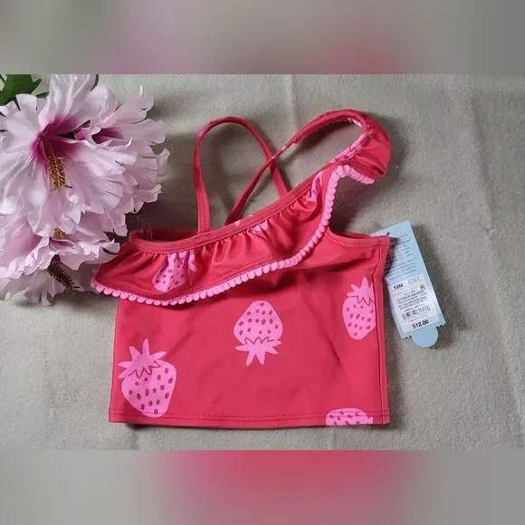 Cat & Jack NWT Baby Girl Pink Strawberry One Shoulder Ruffle Swim Top Sz 18M