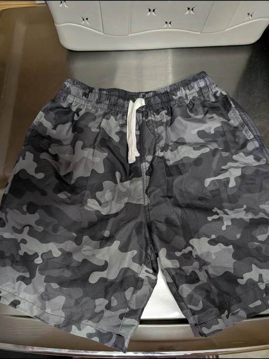 Kids Gray Camo Swim Trunks with Drawstring