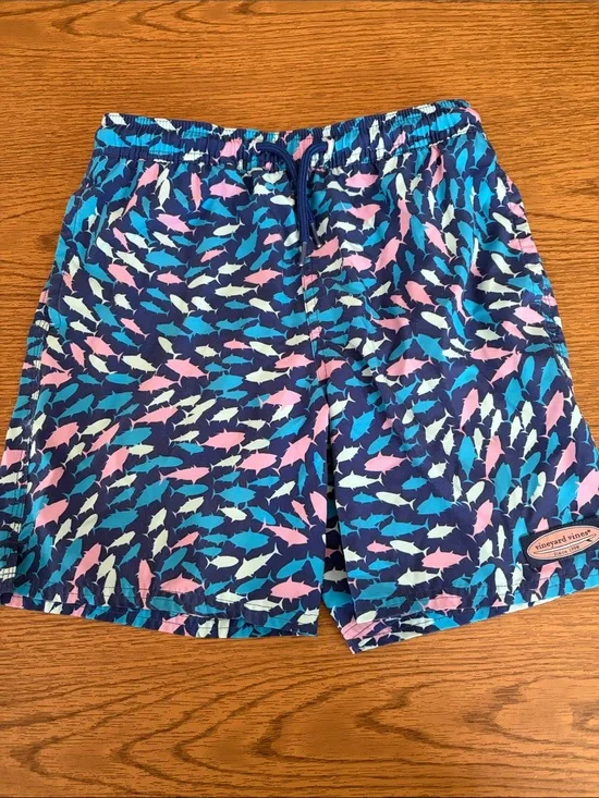 Vineyard Vines Navy Swim Shorts with Teal, Pink, Cream Fish Print