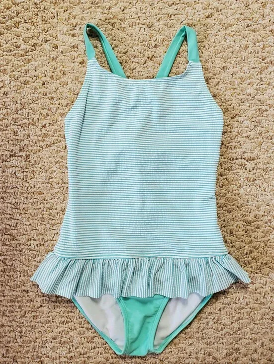 Cat And Jack Girls' Mint Green Stripe Seersucker Ruffle One-Piece Swimsuit LG