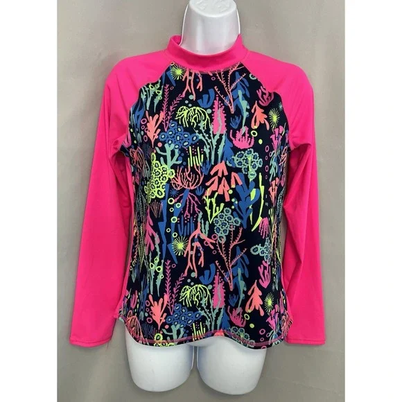 Lands end Swim Top Sz XL‎ (14-16) Slim Rashguard Swimsuit Colorful Long Sleeves