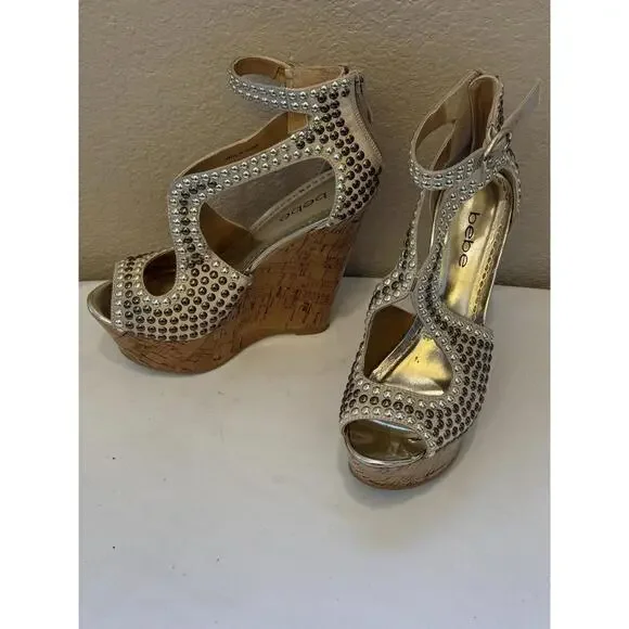 Bebe Studded Caitlyn Size 6 Gold Heel Sandal Wedges‎