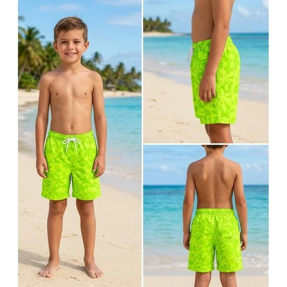 Lands' End Swim Trunks Boys L 10-12 Neon Green Tropical Floral Mesh Lined UPF 50