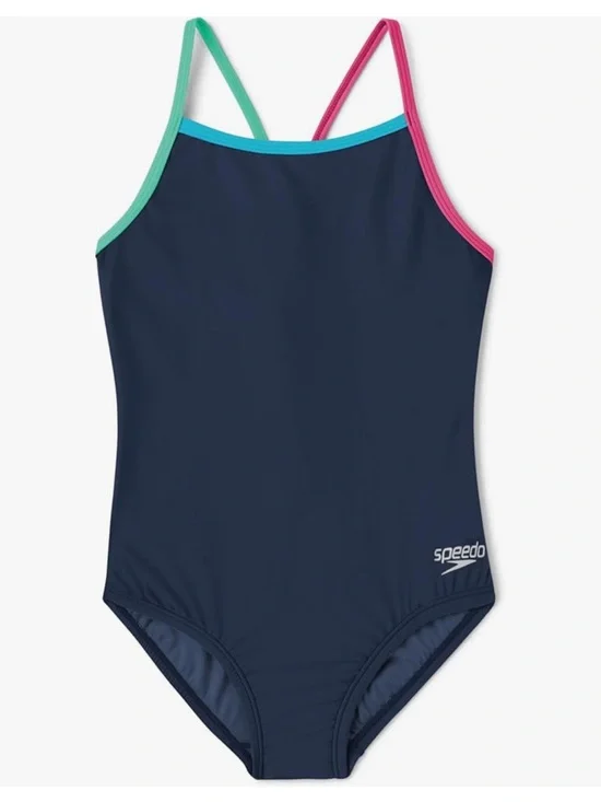 NWT Speedo Girls One Piece Swimsuit Navy Size 16 UPF 50+ Chlorine Resistant