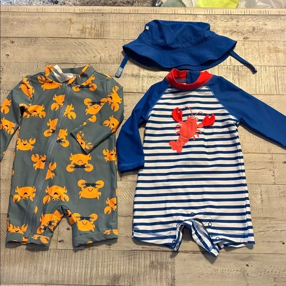 Kids' Crab Print Rashguard Swimsuit Set - Blue/Orange