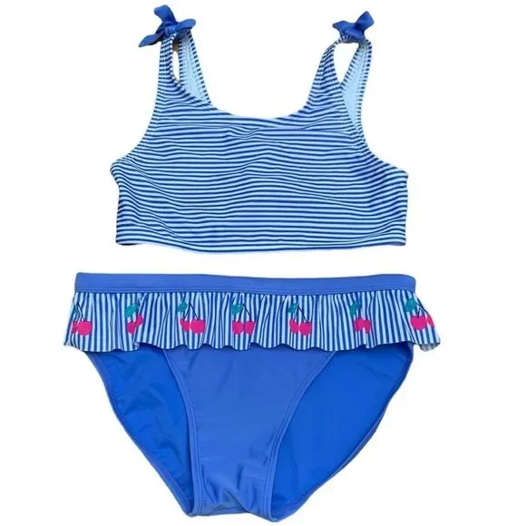 2/$20! Cat & Jack Girls Blue and White Striped Cherry Ruffle Bikini XL 14-16
