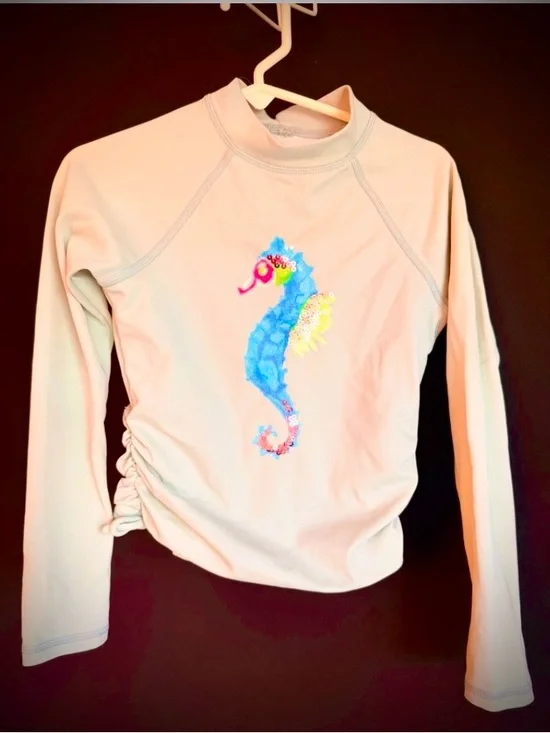 Lands' End Cream Long-Sleeve Rashguard with Blue Seahorse