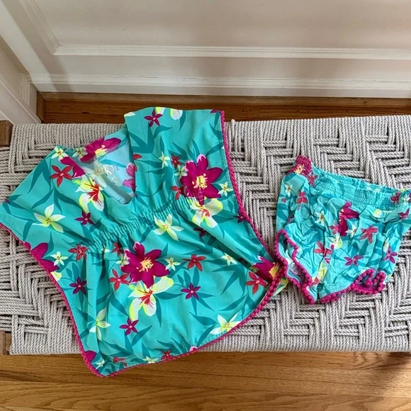 Tropical Floral Coverup Outfit Set 18M Teal Pink Matching Shorts Set Summer