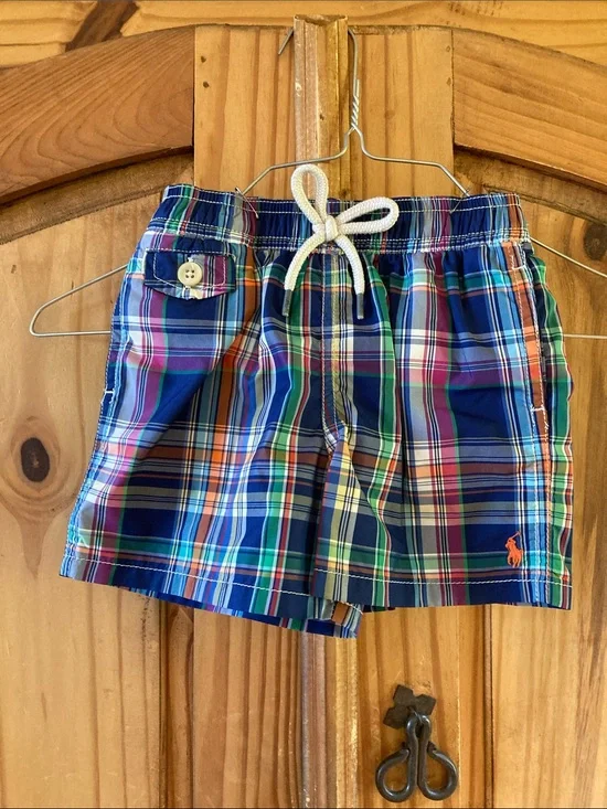 Boys Ralph Lauren Polo blue orange plaid swim shorts size 18 months