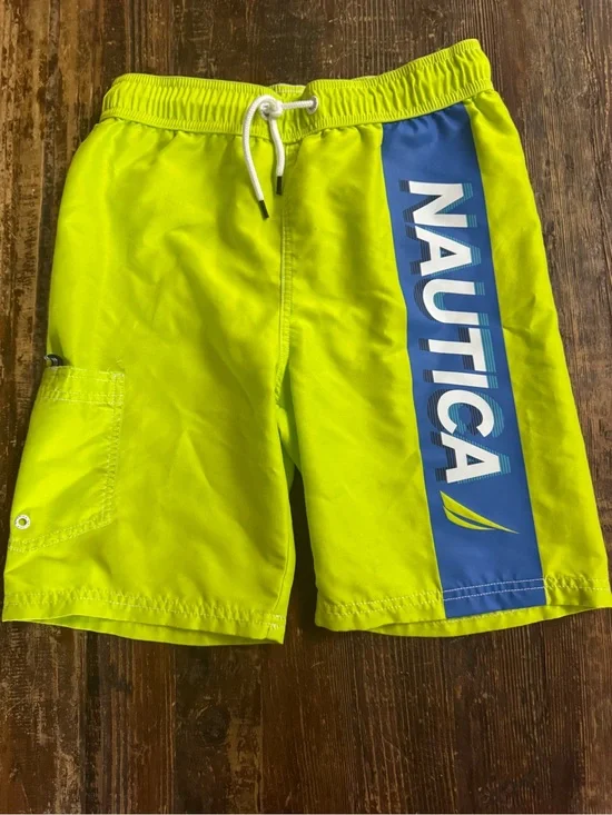 Nautica Men’s Neon Yellow Swim Shorts with Blue Logo Panel