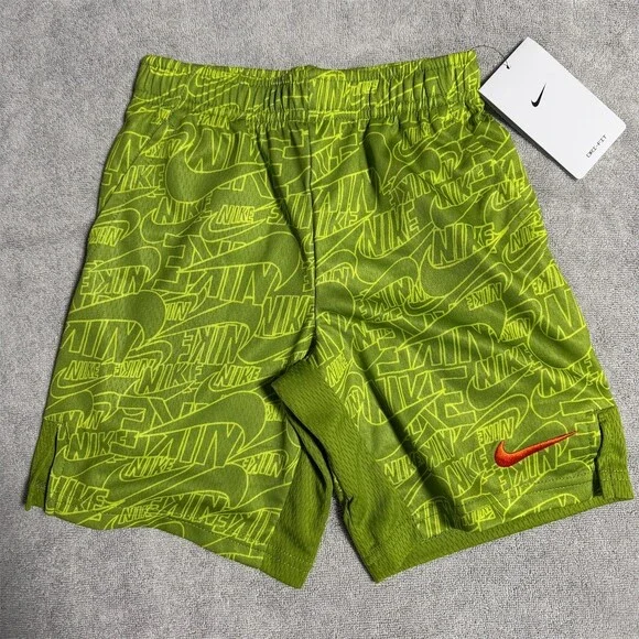 Nike Boys Athletic Shorts Size 6 Green Allover Logo Print Orange Swoosh