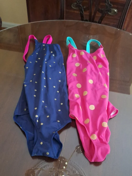 Two Boden Kids Size 13-14 Polka Dot One-Piece Swimsuits - Pink & Navy, Like New