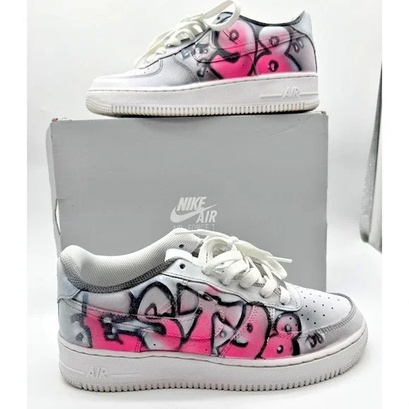 Nike Air Force 1 LE GS Custom Graffiti White Pink DH2920-111 Boys 7Y EU40