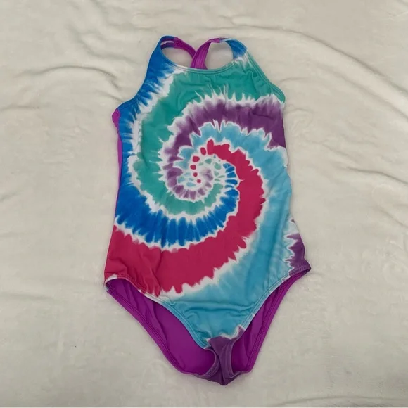 Lands End Girls‎ Size 12 Tie Dye Spiral One Piece Swimsuit Purple Racerback