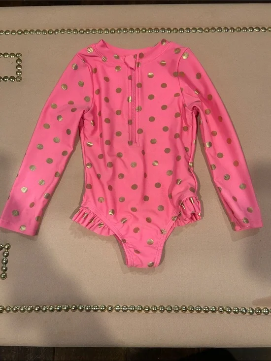 Wonder Nation Pink Long-Sleeve Swimsuit with Gold Polka Dots