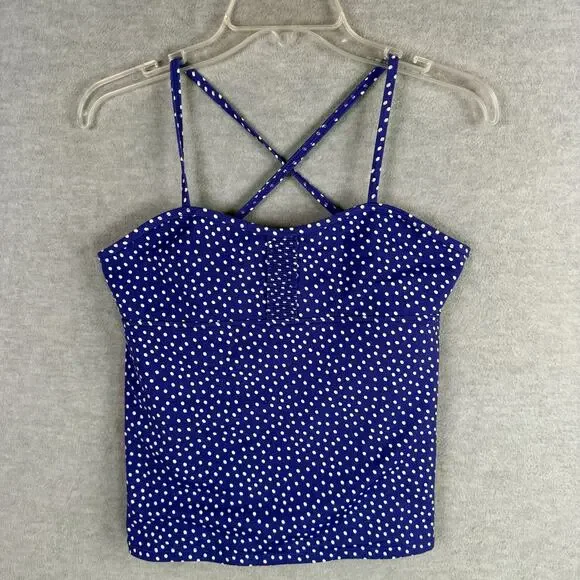 Lands End Kids Girls 12+ Tankini Swim Top Blue White Polka Dots Crossed Straps