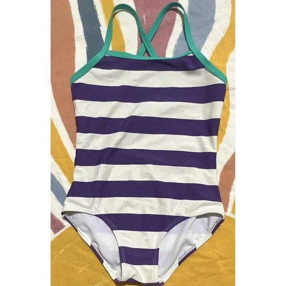 Kanu Girls One Piece Swimsuit Size 6 Purple/White/Green Striped 1 Piece
