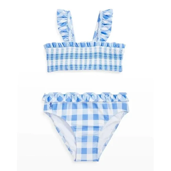 Ralph Lauren Baby Girl's Gingham Ruffle Smocked Bikini Set Blue White‎ Size 9 M
