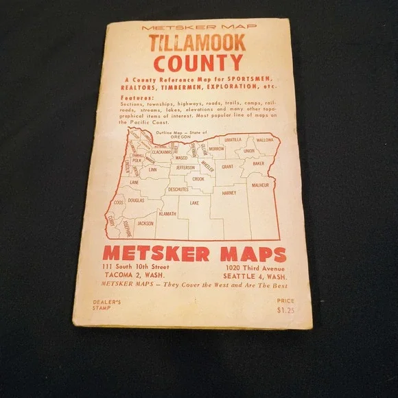 Metsker Map Tillamook County Oregon Vintage Road Map Sportsmen Realtors