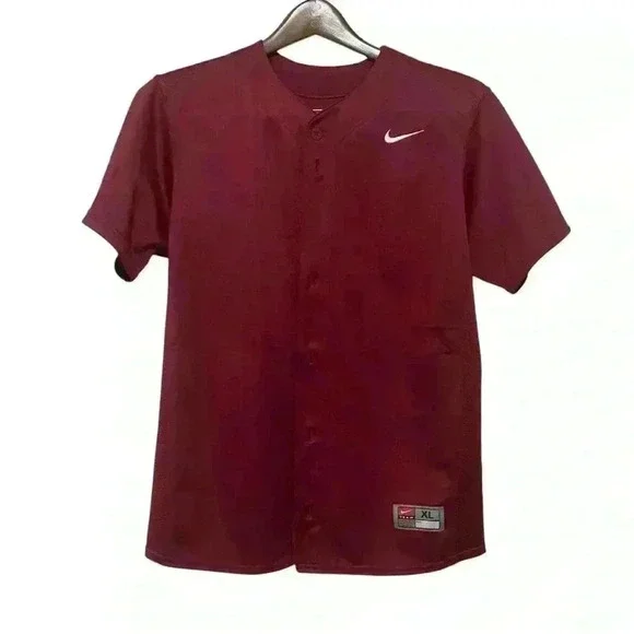 NIKE Youth Maroon BASEBALL BUTTON UP JERSEY SIZE XL  short sleeve