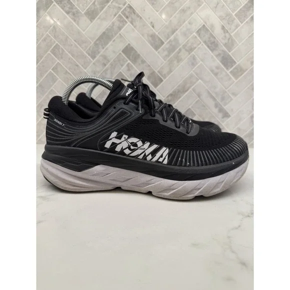 Hoka One One Bondi 7 Running Shoes Womens Size 8 Black White Lace Up Athletic