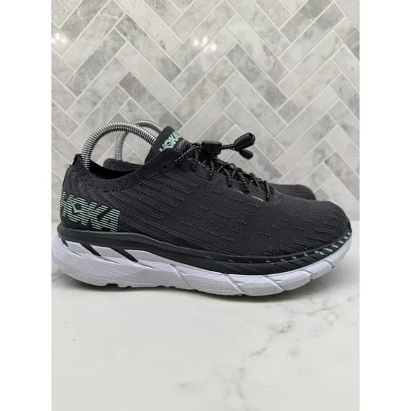 Hoka One One Clifton 5 Knit Running Shoes Womens Size 8 Black White Sneakers