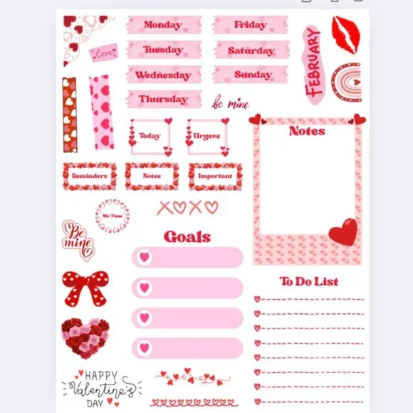 Handmade Stickers, February Valentine's Planner, Journal, Calendar organize