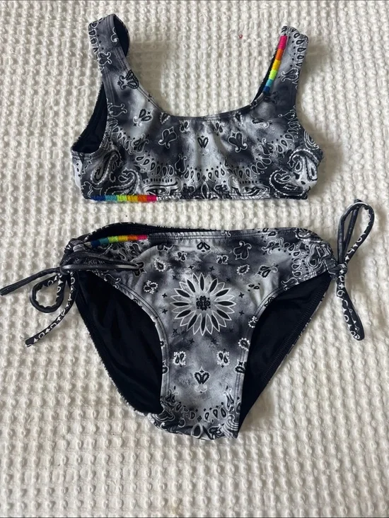 Flowers by Zoe Black Bandana Print Two-Piece Bikini with Rainbow Trim