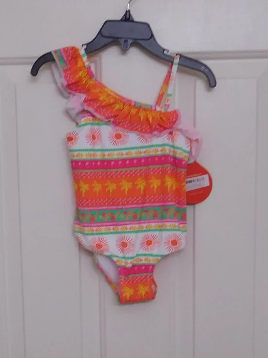 NWT Hatley Ruffle Shoulder Bright Sun Palm Tree Print 1pc Swimsuit sz 5